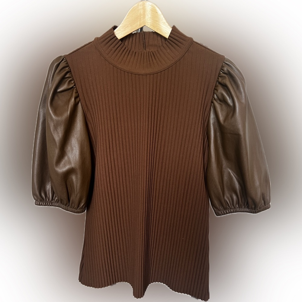 Marc New York Brown Faux Leather Puff Sleeve Top Sm